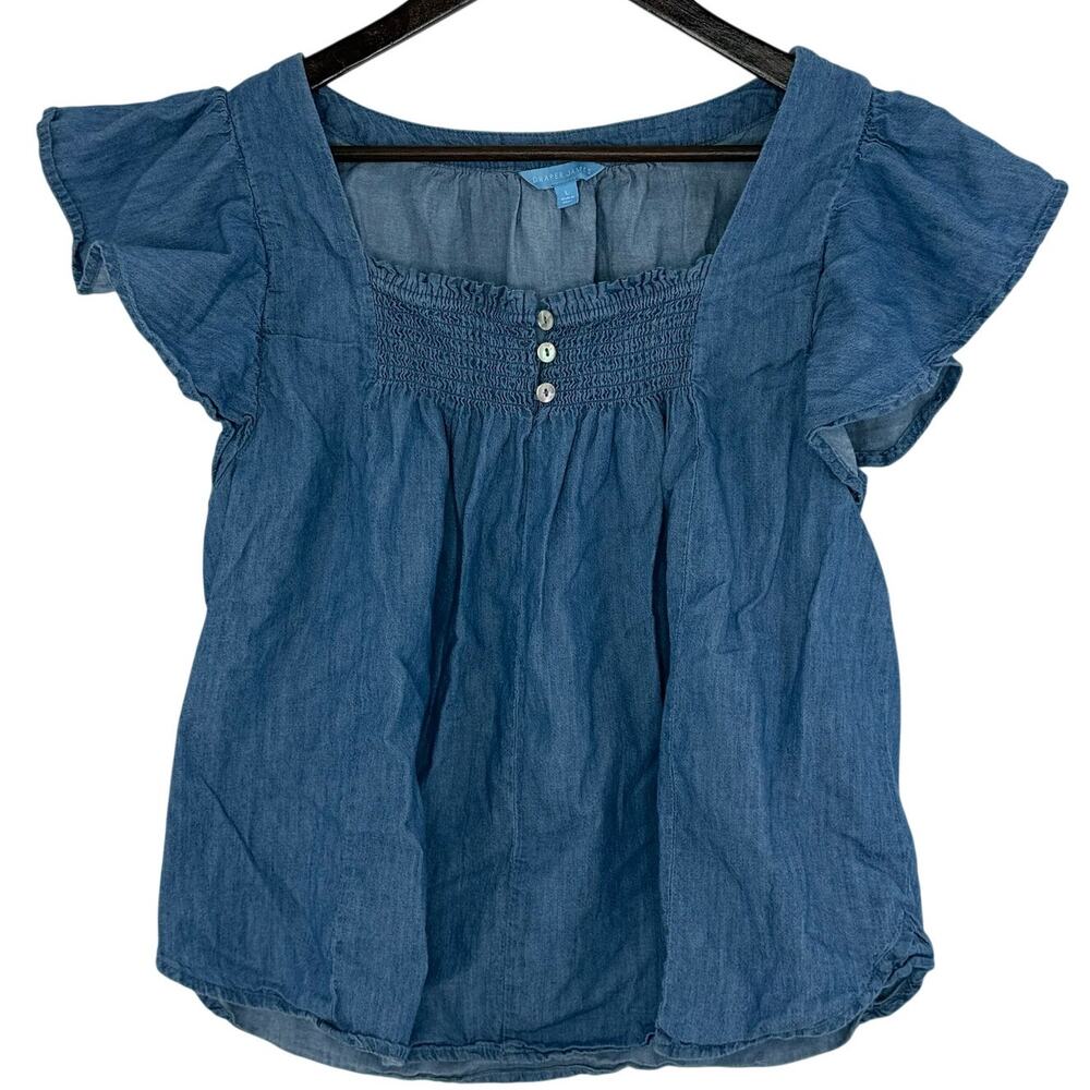 Draper James Chambray Lightweight Denim Flutter Sleeve Cotton Blouse Womens L